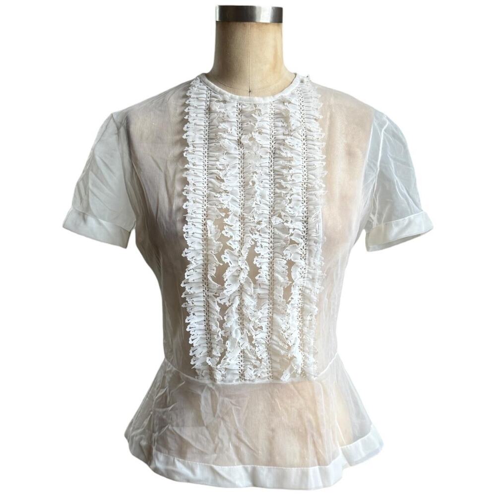 Vintage Y2K Jean Paul Gaultier white mesh sheer lace ruffle blouse size 10